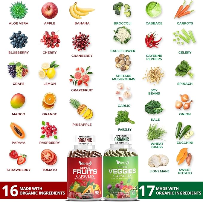 Made with Organic Fruits &amp Veggies Capsules-Superfood Vegetable Vitamin Supplement for Women &amp Men-Blend of Fruits and Greens for Daily Health.Fruits and Vegetables Supplements (30-Day Supply)