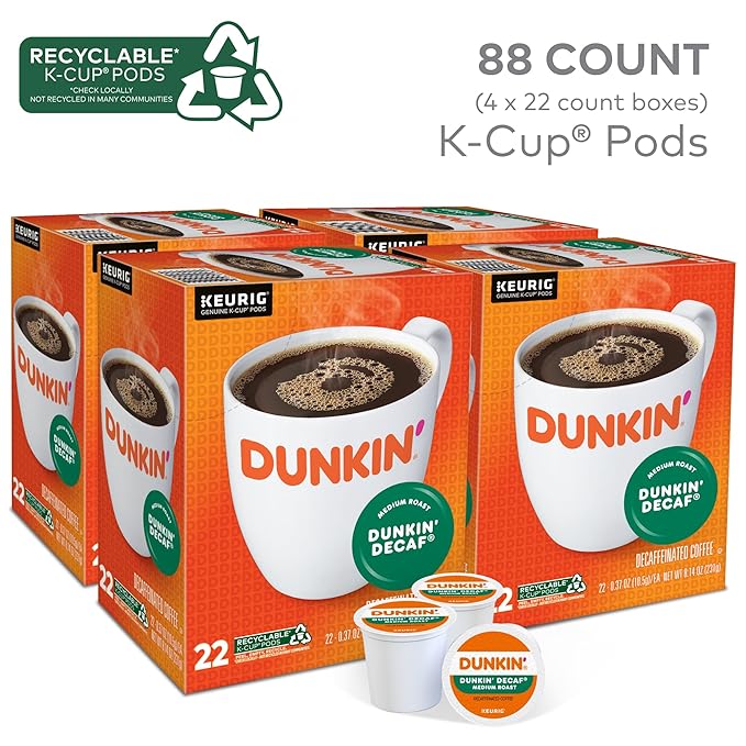 Dunkin' Donuts Decaf Keurig Single-Serve K-Cup Pods Medium Roast 22 Pods Per Pack Case Of 4 Packs