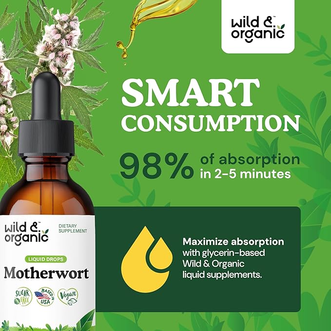 Wild &amp Organic Motherwort Tincture - Good Mood Calmness Women's Support - Motherwort Herb Extract Drops - Vegan Sugar &amp Alcohol-Free Supplement - 2 fl oz