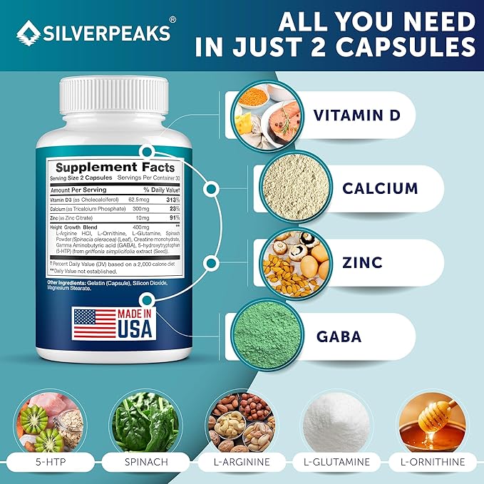 SILVERPEAKS Growth Capsules to Grow Taller - Height Growth Maximizer with Calcium for Bone Strength - Made in USA - Natural Get Taller Supplement - Free of Growth Hormone - Pack of 3