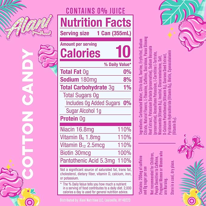 Alani Nu COTTON CANDY Sugar Free Low Calorie Energy Drinks 200mg Caffeine Biotin B Vitamins Zero Sugar 10 Calories 12 Fl Oz Cans 24 Pack