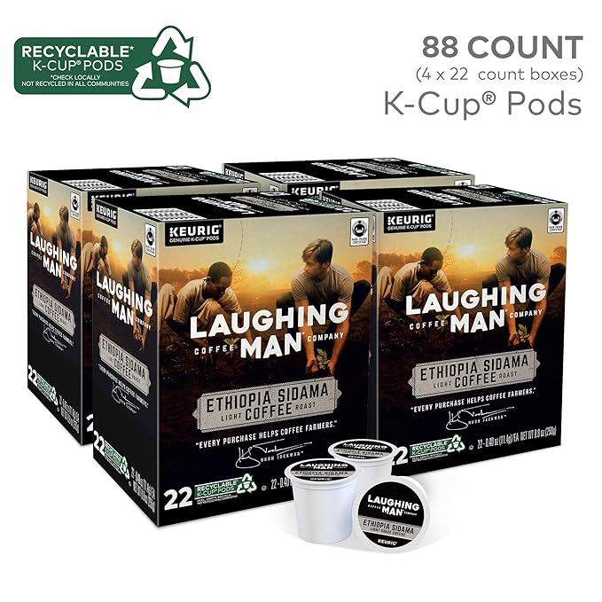 Laughing Man Ethiopia Sidama Keurig Single-Serve K Cup Pods Fair Trade Light Roast Coffee 88Count Ethiopia Sidama 22 Count (Pack of 4)