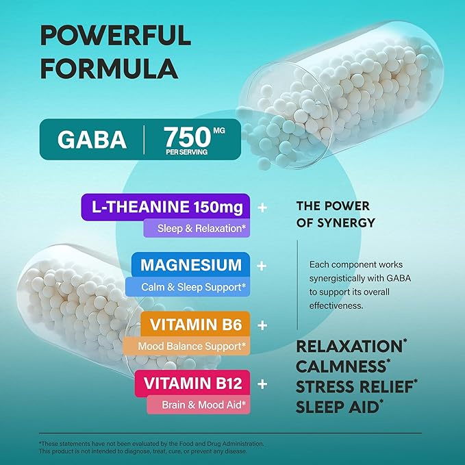 GABA L-Theanine 900 mg - Made in USA - Magnesium | Vitamin B6 - Calm Sleep Relaxation &amp Mood Support - 750 mg Gamma AminoButyric Acid 150 mg L-Theanine - Non-Habit Forming Vegan - 180 Capsules