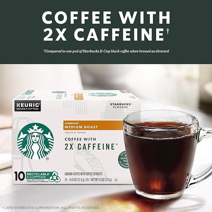 Starbucks Medium Roast K-Cup Coffee Pods with 2X Caffeine for Keurig Brewers 4 boxes (48 pods total)
