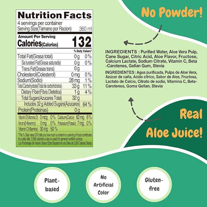 VISVITA Aloe Vera Juice with Real Pulp Original | Digestive Health Hydration &amp Energy Boost | No Artificial Colors 50.7 oz (Pack of 12)