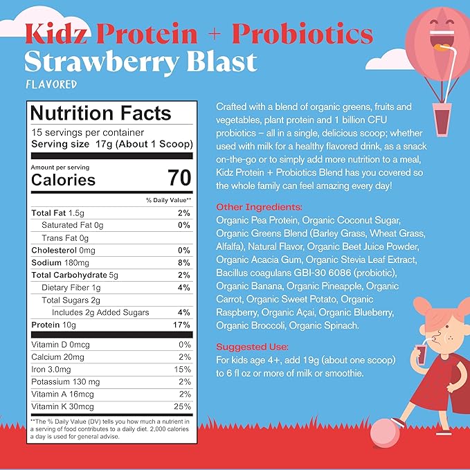 Amazing Grass Kidz Superfood: Vegan Protein &amp Probiotics for Kids with Beet Root Powder &amp 1/2 Cup of Leafy Greens Strawberry Blast 15 Servings