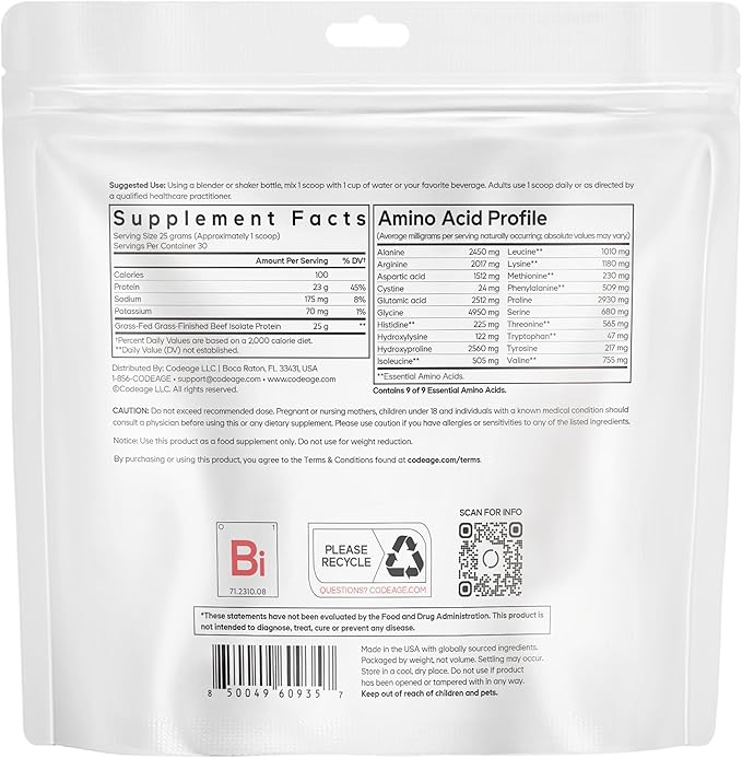 Codeage Grass-Fed Beef Isolate Protein Powder Supplement - 20 Amino Acids Collagen-Rich - Athletes &amp Sports - Unflavored Carnivore Protein Supplement BCAA &amp EAA - Gluten-Free - 26.45 oz