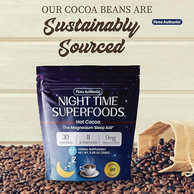 FKMS Authentic Nighttime Magnesium Hot Cocoa Calming Melatonin-Free Sleep Support Natural Sleep Aid Drink Mix for men &amp Woman - Hot Chocolate Powder with L-Theanine Chamomile and Zinc Magnesiu
