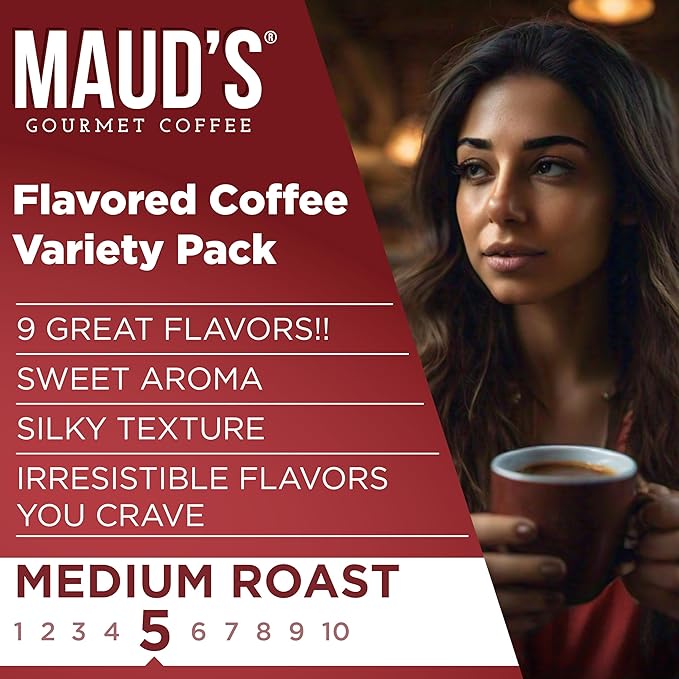 Maud's Flavored Coffee Pods Variety Pack 40 ct 9 Assorted Flavors Medium Roast Flavored Coffee in Single Serve Pods – 100% Arabica Beans Compatible with Keurig K Cups Maker
