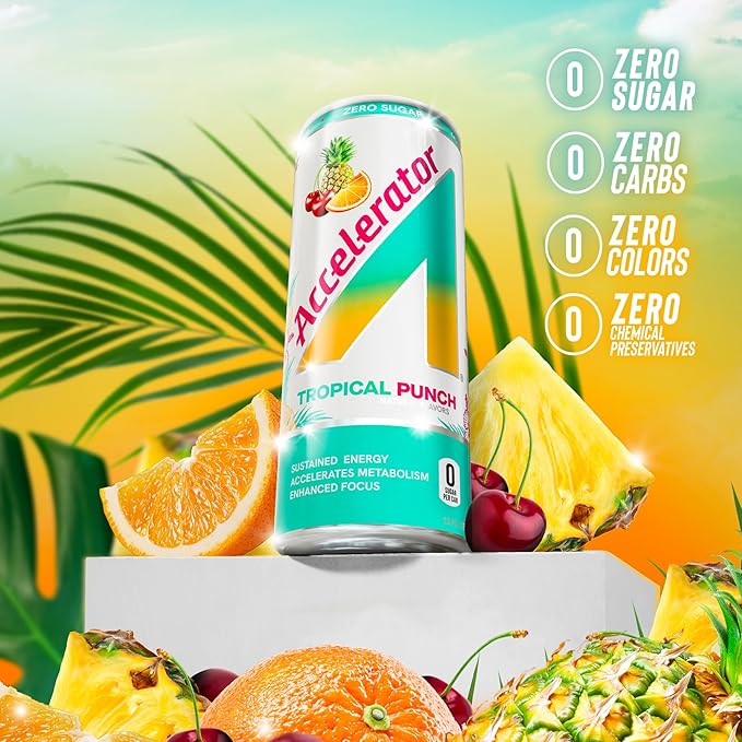 Accelerator Energy Drink Tropical Punch 12oz can (12 pack) Zero Sugar Sustained Energy from 100% Natural Caffeine (200mg from Green Coffee Bean &amp Green Tea extract)