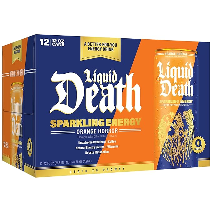 Liquid Death Sparkling Energy - Orange Horror (Orange and Cream) Zero Sugar Energy Drink Unextreme Caffeine 100mg Essential Vitamins 12 Fl Oz (Pack of 12)