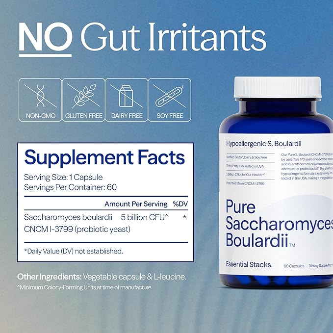 Essential Stacks Saccharomyces Boulardii Probiotics (Non-GMO &amp Gluten Free) - 5 Billion CFUs for Gut Health (60 Capsules)