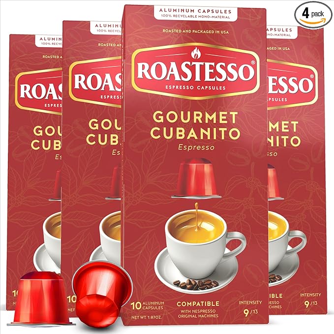 Roastesso Aluminum Espresso Capsules Gourmet Cubanito Cuban Blend Compatible with Nespresso Original Machines Dark Roast Intensity 9 Ristretto Recyclable Coffee Pods Packed in USA (40 Count)