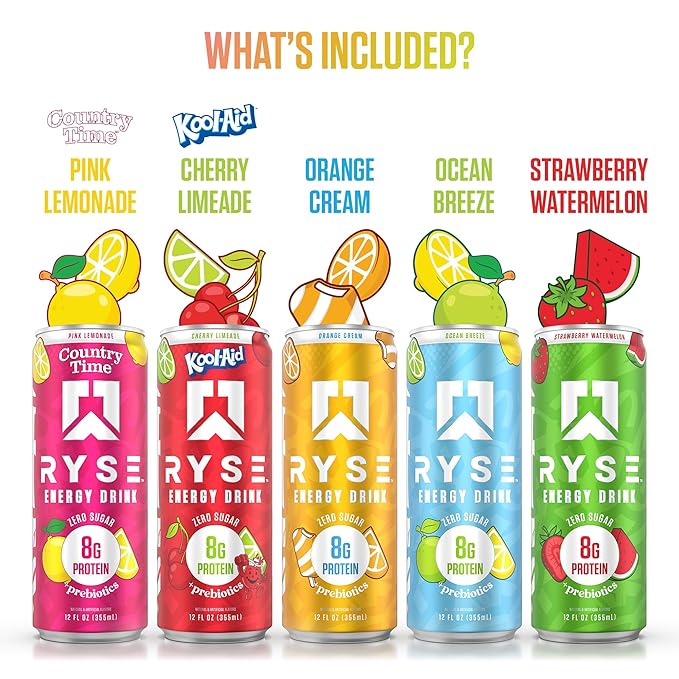RYSE Functional Energy Drink - 5 Flavors Variety Pack - 150mg Natural Caffeine 8g Whey Protein &amp 1g Prebiotics - Sugar Free Gut-Friendly Bloat-Free - 12 fl oz Cans (12-Pack)