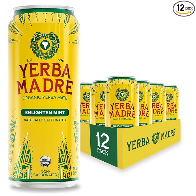 Yerba Madre Organic Yerba Mate Enlighten Mint 150mg Natural Caffeine Energy Drink Alternative No Jitters or Crash 15.5 Oz Cans (Pack of 12)