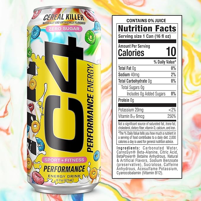 Cellucor C4 Energy Carbonated Zero Sugar Energy Drink Pre Workout Drink + Beta Alanine Cereal Killer 16 Fl Oz Can (Pack of 12)