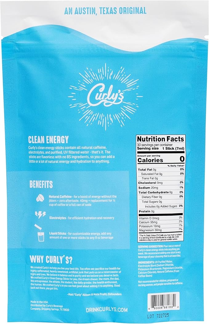 Curly's Clean Energy Caffeine &amp Electrolyte Sticks - Energize Your Favorite Drink - Keto Paleo &amp Whole 30 Friendly - All Natural - No Sugar No Calories Non-GMO - 30 Flavorless Liquid Stick