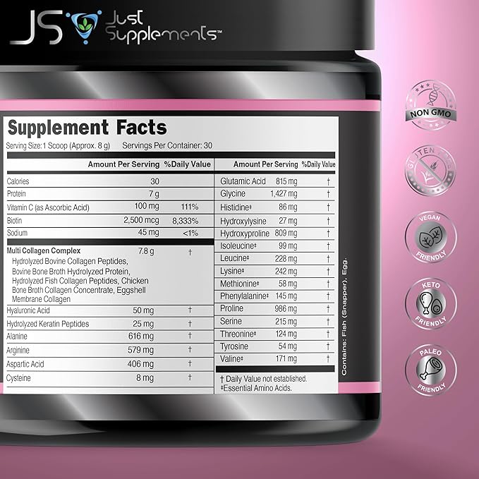 Beauty Multi Collagen with Vitamin C Biotin Hyaluronic Acid &amp Keratin Peptides Type I II III V X.
