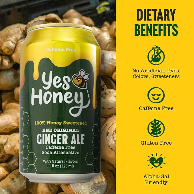 Yes Honey Soda Ginger Ale 11oz (12-Cans) 100% Honey-Sweetened Healthy Soda Alpha Gal Friendly Gluten Free Caffeine Free No Added Sugar