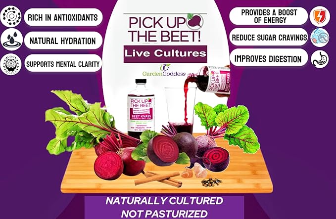 Pick Up The Beet Organic Beet Juice Kvass with Live Probiotics Vegan - Natural Nitric Oxide Boost Fermented Beet Tonic Sugar Cravings Support 16 Ounces 1 Bottle
