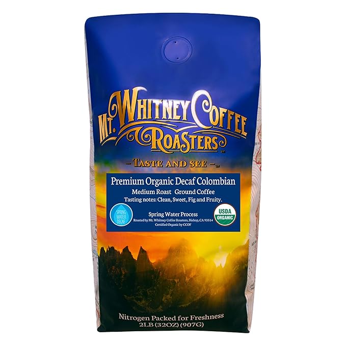 Mt. Whitney Premium Organic Spring Water Colombian Medium Dark Raost Low Acid Decaf Coffee (Ground 2 Lb)