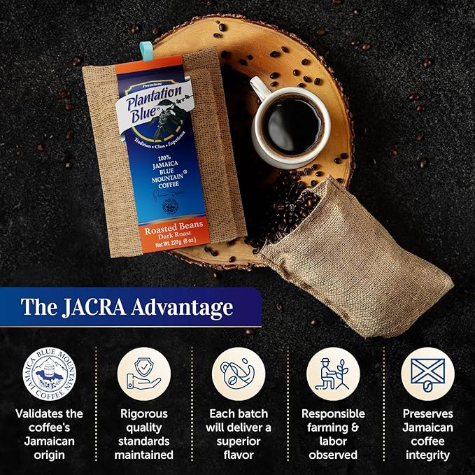 Plantation Blue Jamaica Blue Mountain Coffee Bundle – 8oz Dark Roast Whole Beans &amp 1lb Medium Roast Ground