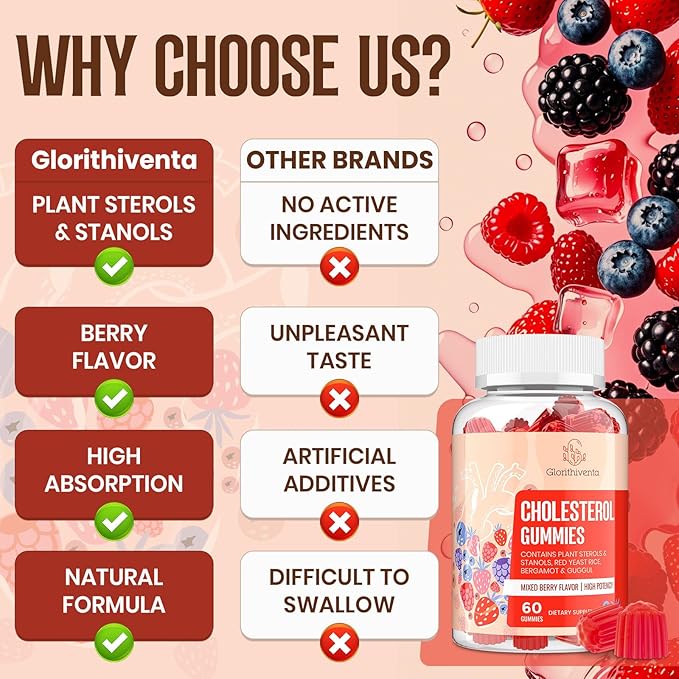 Cholesterol Supplement with Plant Sterols &amp Stanols Guggul Bergamot Orange Extract Red Yeast Rice Cholesterol Complex Gummies Mixed Berry Flavor 120 Counts