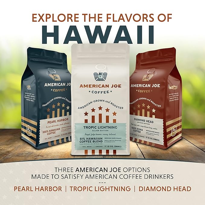 American Joe Coffee Pearl Harbor 100% US Grown Specialty Coffee Roasted in Kansas City Medium-Dark | Whole Bean 12oz Gourmet Artesian Grade American Grown American Made Hawaiian Coffee