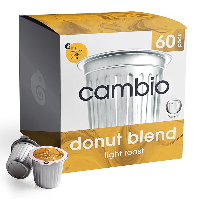 Cambio Roasters Organic Coffee Pods - Donut Blend Light Roast The Only Organic Recyclable Aluminum Coffee Pods Small Batch Roasted Keurig® Compatible Balanced Flavor Longer Lasting Freshness 60