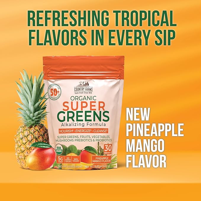 Country Farms Super Greens Pineapple-Mango Flavor 50 Organic Super Foods USDA Organic Drink Mix (Wheat Grass Spirulina Chlorella) Mushrooms &amp Probiotics with Fiber Natural Energy 30 Serving