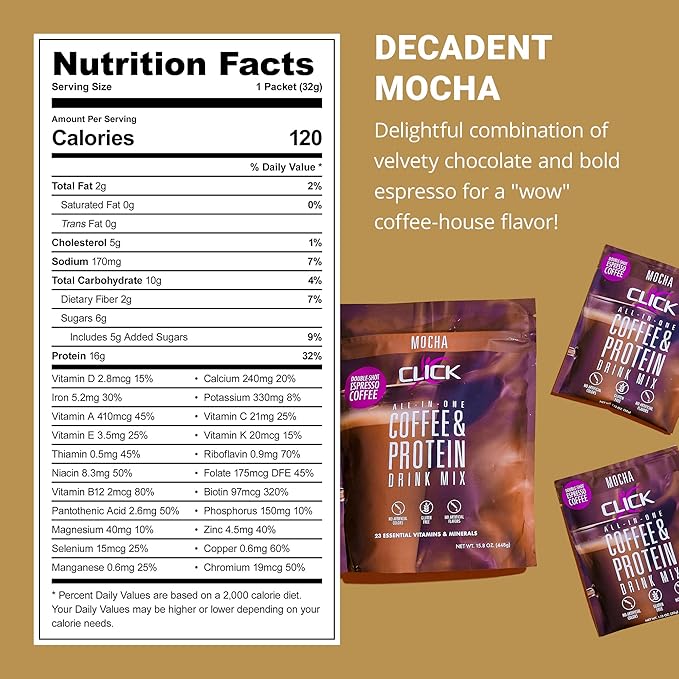 Click Coffee Protein Protein &amp Real Coffee All-in-One Meal Replacement Nutrition Drink Mocha Flavor 23 Essential Vitamins Double Shot Espresso Coffee Hot or Cold 15.8-Ounce