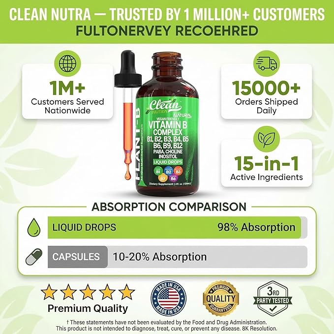 Vitamin B Complex Liquid Drops | Thiamine B1 B6 B2 B3 B4 B5 B7 B9 B12 Niacinamide Paba Choline Inositol Taurine Probiotics Beet Root Spirulina - Plant-B Vitamin Supplements by Clean Nutra