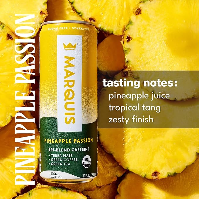 Marquis Natural Energy Drinks Sugar Free Zero Calories - 100mg Organic Plant Based Caffeine Yerba Mate Green Tea &amp Green Coffee - Vitamin C &amp Bs - Pineapple Passion Healthy Energy Drink - 12 P