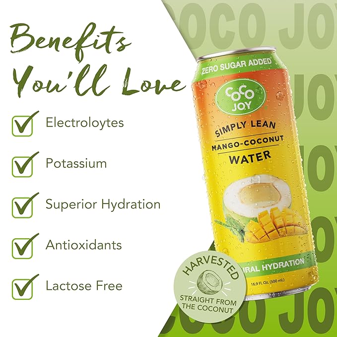 CoCo Joy Lean Mango Coconut Water Zero Sugar Added Low-Carb High-Calcium Nutrient-Rich Drink 12 pack