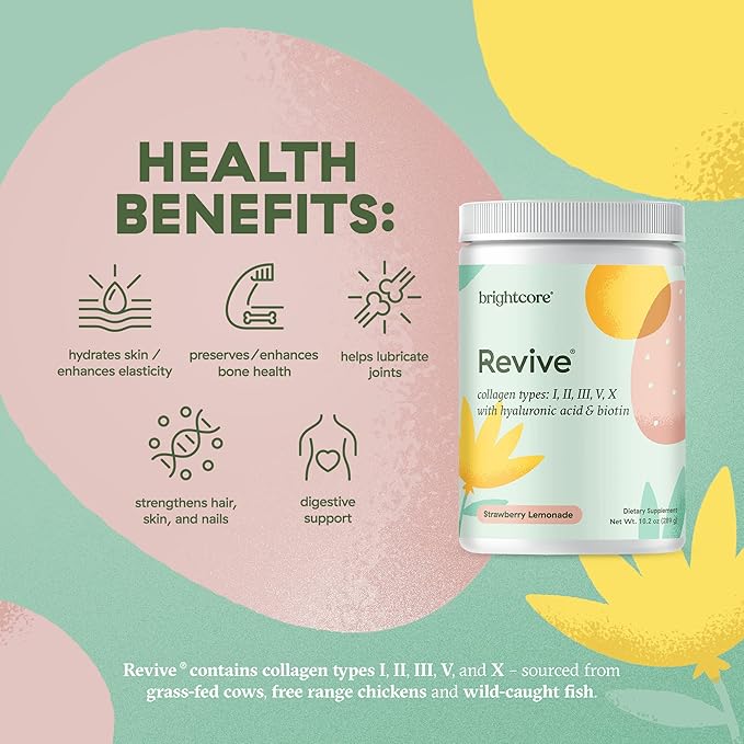 Brightcore Nutrition Revive Multi Collagen Protein Powder with Vitamin C and Hyaluronic Acid Non-GMO Gluten-Free Collagen Powder for Women and Men Strawberry Lemonade Flavor 30 Servings