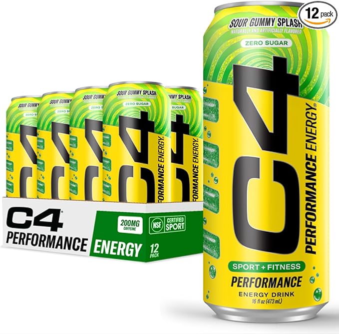 Cellucor C4 Energy Carbonated Zero Sugar Energy Drink Pre Workout Drink + Beta Alanine Sour Gummy Splash 16 Fl Oz (Pack of 12)