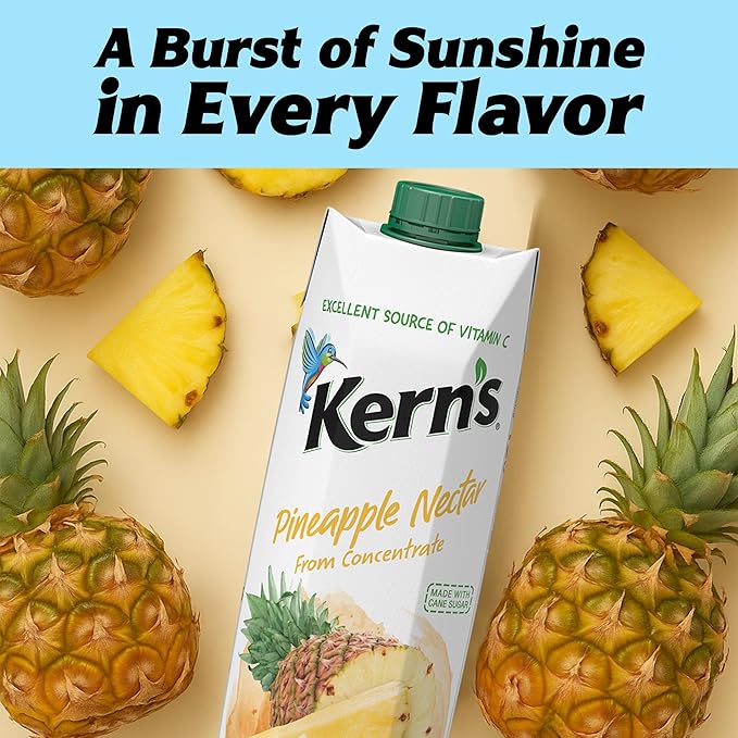 Kern’s Pineapple Juice Nectar - Made with Fresh Pineapple Fruit Puree - Tropical Fruit Juice Concentrate for Smoothie Mix Cocktail Mixers &amp Kids Drinks &amp Mexican Beverages - 32.4oz 12 Pack C