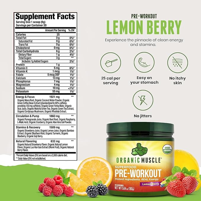 USDA Organic Pre-Workout Powder Lemon Berry | Clean Energy Without Jitters | Natural Performance Boost | No Artificial Sweeteners | 20 Superfoods | Low Caffeine 20 Servings