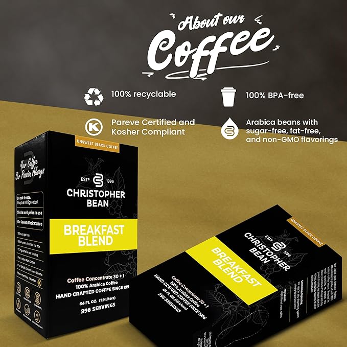 Christopher Bean Coffee - 396 servings 30 to 1 Blend Bag in Box Liquid Instant Coffee or Cold Brew Coffee Concentrate - Hot or Iced Coffee - Breakfast Blend