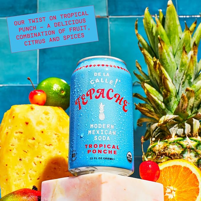 De La Calle Tepache - Tropical Ponche - Modern Mexican Soda - Craft Fermented Pineapple Sparkling Beverage - Certified Organic Antioxidant Rich Non-Alcoholic Healthy Soda Low Sugar Low Calorie N