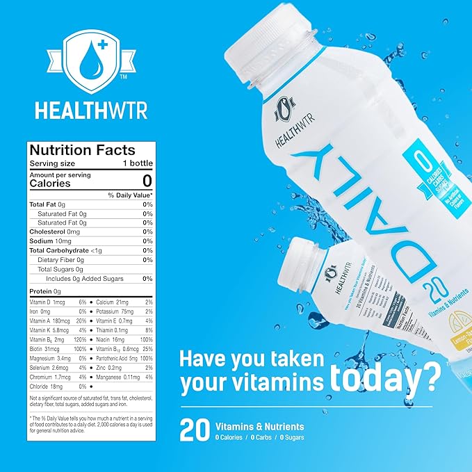Healthwtr Daily Enhanced Water – Strawberry Pomegranate Flavor 20 Vitamins &amp Nutrients Antioxidants &amp Electrolytes 0 Calories 0 Carbs 0 Sugar Caffeine Free 12-Pack Bottles