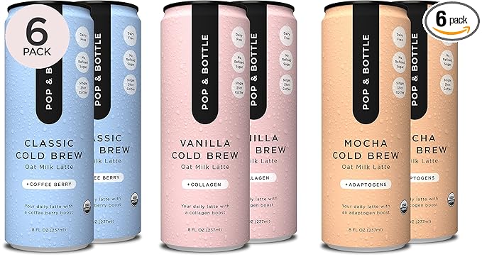 Pop &amp Bottle Oat Milk Lattes - Cold Brew Maca Antioxidants Ashwagandha MCT Oil Collagen Organic Diary Free Gluten Free Lightly Sweetened with Dates - Variety 8 Fl Oz (6 Pack)