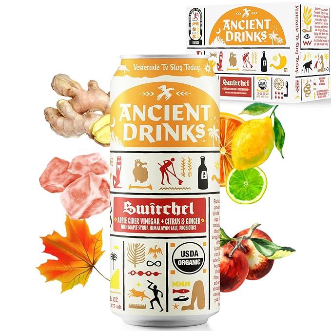 ANCIENT DRINKS Switchel Apple Cider Vinegar Drink – Organic Electrolyte Hydration Beverage with Probiotics – Ginger Citrus ACV Sports Drink – 16 oz Cans 12 Pack
