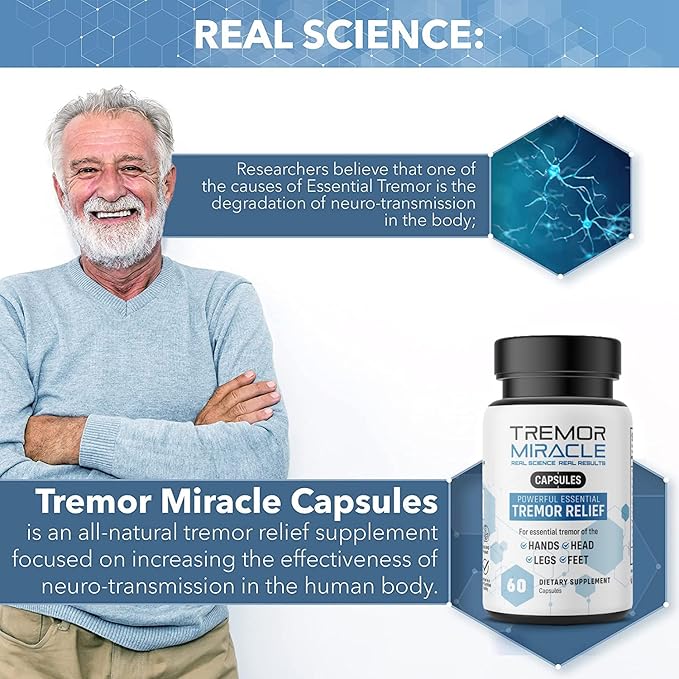 Real Science Tremor Miracle Capsules – Tremor Relief Supplement and Hand Tremor Aids for Adults – with TremorStop Blend GABA and Vitamins for Neurotransmission Support – Made in USA 60 Caps