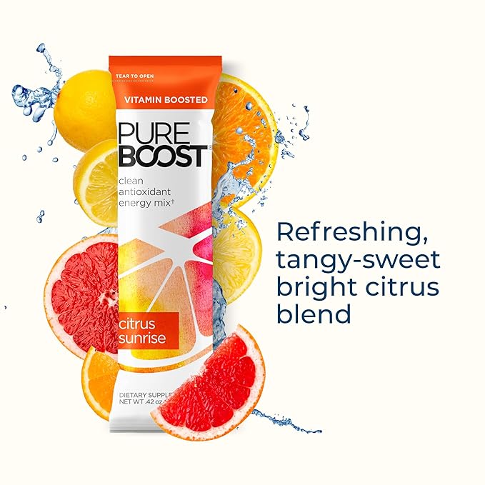 Pureboost Clean Energy Booster Refreshing Energy Drink Mix with B12 Vitamins Electrolytes Antioxidants Sugar-Free with No Sucralose (Citrus Sunrise 30 Count)