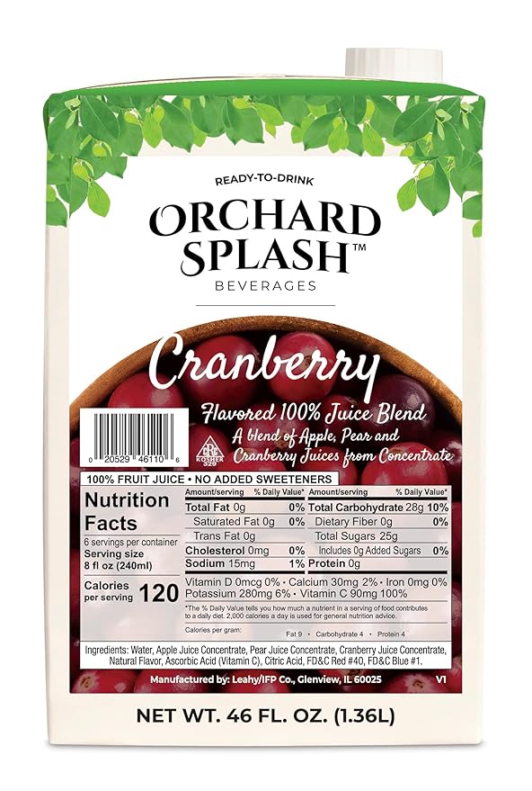 Orchard Splash 46oz Ready to Drink Juice (12 Aseptic Cartons per Case) (Cranberry 100%)