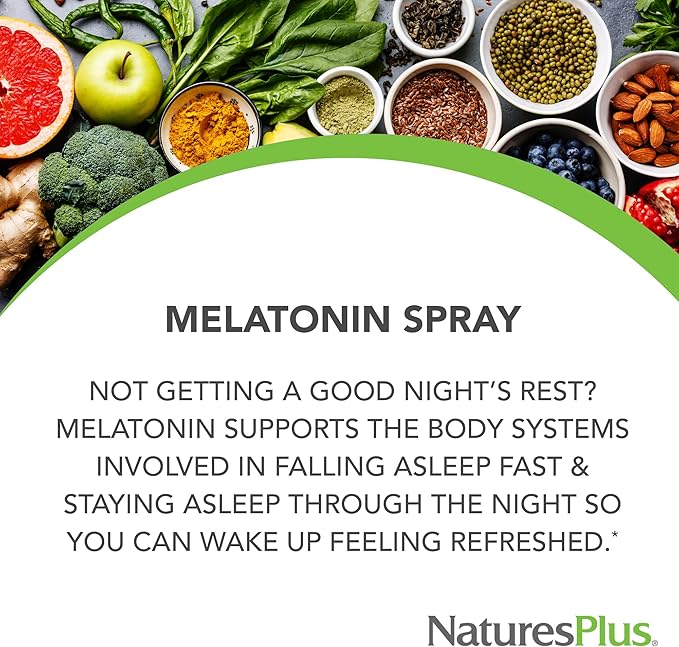 NaturesPlus Melatonin Spray Natural Peppermint Flavor - 2 fl oz - with Vitamin B6 &amp E - Vegetarian Gluten Free - 80 Servings