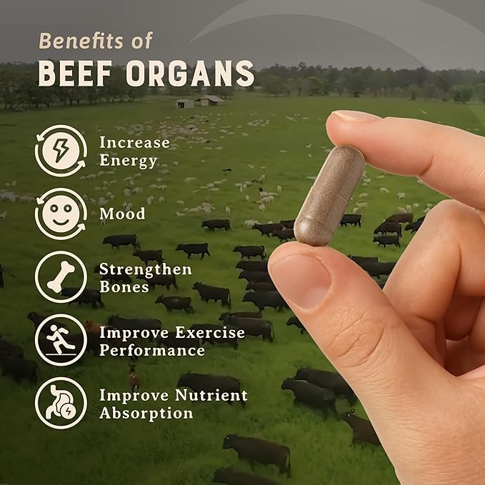 HEART &amp SOIL – 100% Grass Fed &amp Finished Beef Organs from Regenerative Cattle with Liver Heart Kidney Pancreas &amp Spleen – 3000mg Beef Organ Supplement for Women &amp Men – Glass Bottle