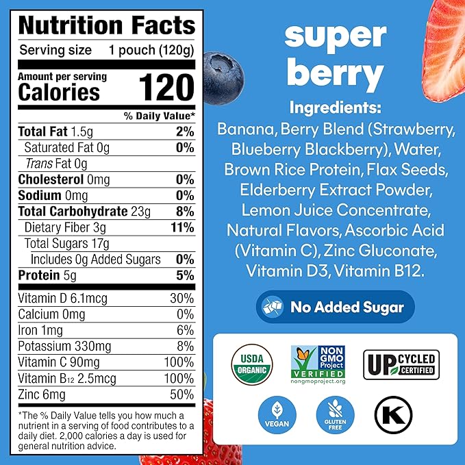 Noka Superfood Fruit Smoothie Pouches Super Berry Healthy Snacks with Flax Seed Prebiotic Fiber and Plant Protein Vegan and Gluten Free Organic Squeeze Pouch 4.22 oz 24 Count
