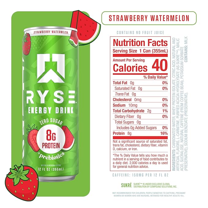 RYSE Functional Energy Drink - Strawberry Watermelon - 150mg Natural Caffeine 8g Whey Protein &amp 1g Prebiotics - Sugar Free Gut-Friendly Bloat-Free - 12 fl oz Cans (12-Pack)